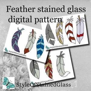 Puede incluir: Un patrón digital con ocho diseños diferentes de plumas de vidrio coloreado. Las plumas son de varios colores, incluyendo azul, rojo, gris y dorado. El patrón es perfecto para proyectos de artesanía, como ventanas de vidrio coloreado, mosaicos y joyas.