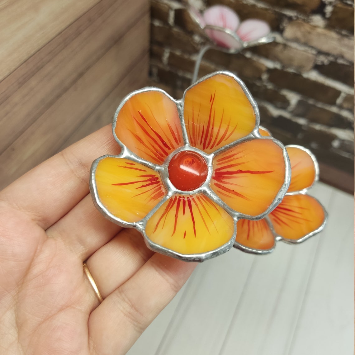 Stained Glass Flower on the Stem Orange Flower Garden Stake Etsy