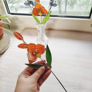 Orchidée en vitrail, orchidée orange, fleur en verre 3d, fleur pour vase ou pot de fleurs, décoration de jardin, cadeau en vitrail pour maman