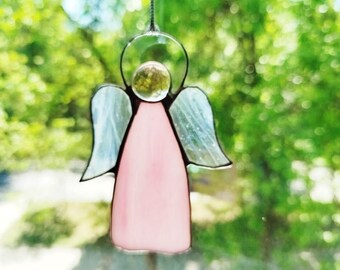 Handmade Stained Glass Guardian Angel Ornament in Pink Dress with Frosted Wings