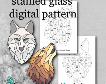 Wolf Stained glass pattern pdf, simple animal pattern for DIY project suncatcher