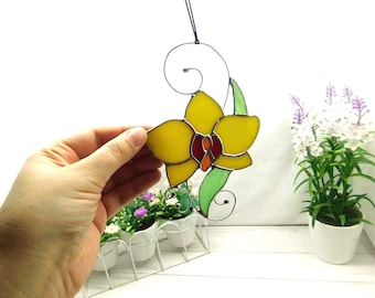 Stained glass orchid, Flower Suncatcher Window hanging decor, Art gift for grandma