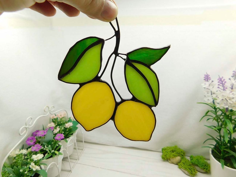 Stained glass lemon, handmade Yellow Lemons on Branch window hanging Suncatcher Fruit Art Glass Home Decor Panel Ornament Wall Hanging