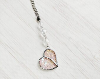 Handmade Iridescent Stained Glass Heart Car Charm with Crystal Beads
