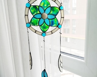 Stained Glass Dreamcatcher, Mandala Suncatcher with Glass Feathers, Window Hanging, Handmade Home Decor