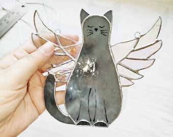Angel Cat Suncatcher, Stained Glass Pet Memorial, Winged Cat Window Hanging