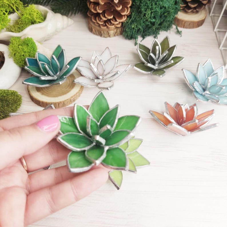 May include: Assortment of six stained glass succulent decorations in various colors, including green, white, blue, orange, and a darker green. The succulents are arranged on a white surface.