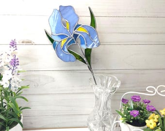 Stained Glass Iris Suncatcher plant on stem, Floral Window Panel, Gift for Mom