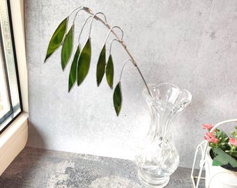 Stained glass bamboo plant, nature Leaves decor, grass Suncatcher Flower