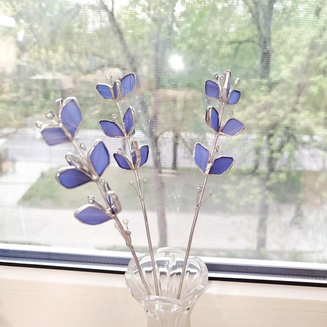 ステンドグラス風ラベンダーの手作りフラワー、ピンタイプの植物ギフト 