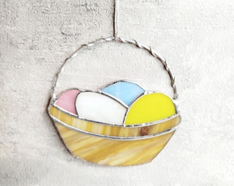 Stained Glass Easter Basket with Eggs Suncatcher – Handmade Spring Window Decor