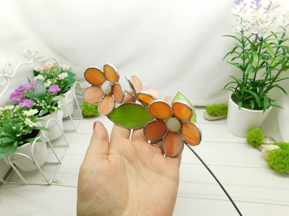 Light orange glass flowers on a branch Stained glass Etsy