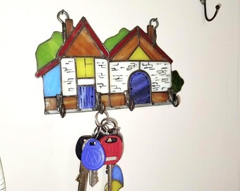 Stained Glass House Key Holder, Cottage Wall Hooks for Entryway Decor