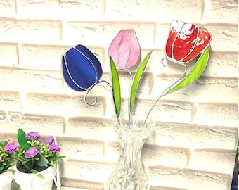 Stained glass tulips, set of 3, flowers on a stem Suncatcher ornament, gift for Easter