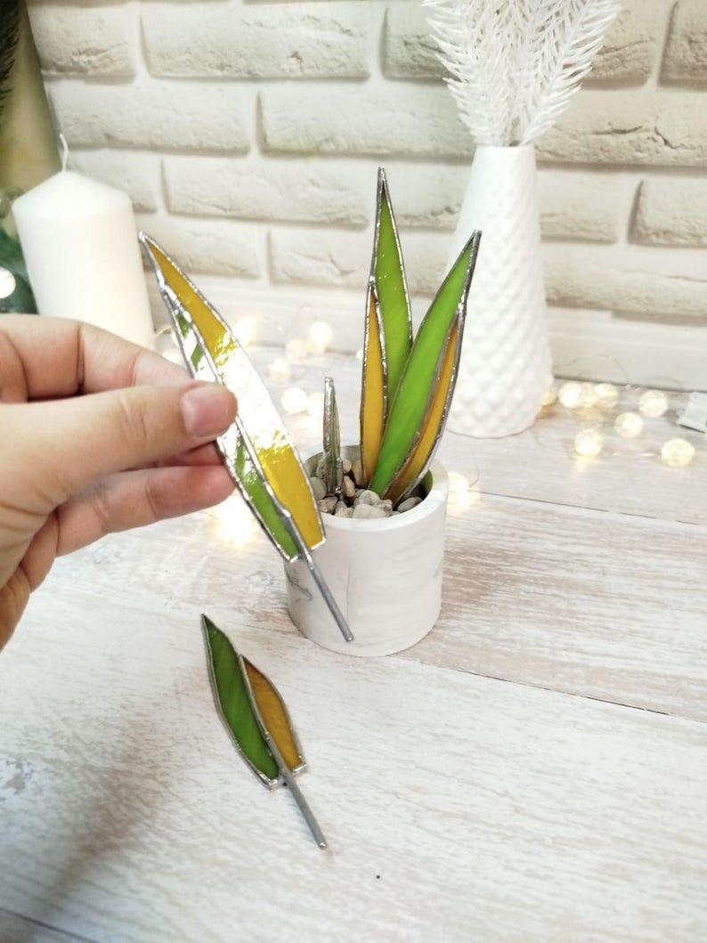 Agave stained glass, handmade fake plant decor suncatcher, Nature Desktop Succulent