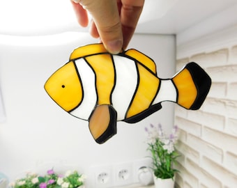 Suncatcher fish, Stained glass gift for friend, Nemo fish window hangings