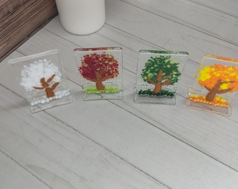 Glass trees seasons, fused glass flowers, Four Seasons Trees, 4 seasons trees, blossom sun catcher, fall autumn artwork, colorful tree art