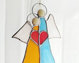 Stained Glass Angel Suncatcher with Heart, Tiffany Window Hanging Handmade Gift