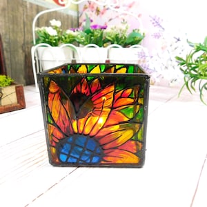 Stained glass candle holder, handmade painting sunflower candlestick  for a romantic evening