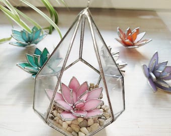 Handmade Stained Glass Succulent Terrarium: Water Lily Design, gift for mom