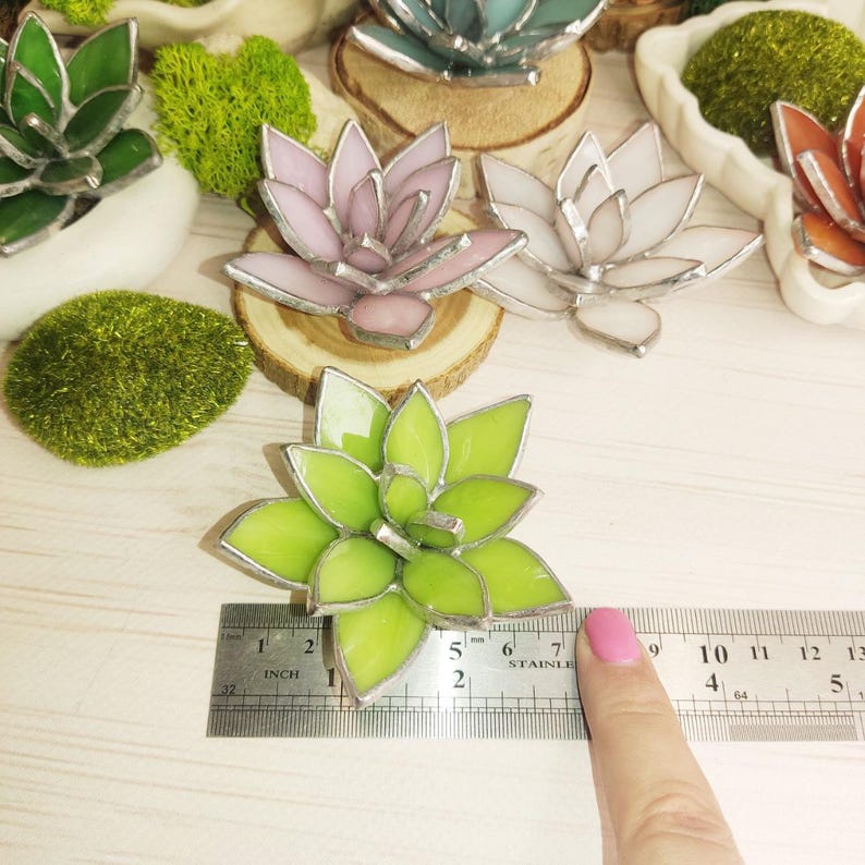 May include: A close-up of a green stained glass succulent with a ruler measuring 2 inches in length. The succulent is on a white surface with other stained glass succulents in the background.