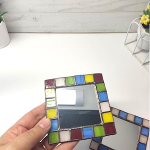 Pocket mirror, square Stained glass Mirror, small handmade pretty mirror, blue glass mirror, multicolored glass