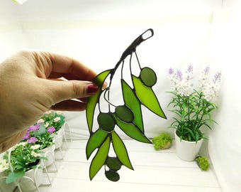 Suncatcher Olive Branch, Stained glass olives Home Decor Window Wall, Nature Ornament Decor