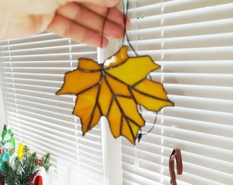 Stained Glass Maple Leaf, Handmade Window Hanging Decor, Yellow Leaf Suncatcher Gift