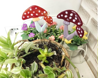 Fused Glass Mushroom Plant Stake, Amanita Garden Decor for Vase or Planter