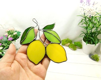 Stained glass lemon Ornament on Branch, handmade window hanging Suncatcher, Fruit Art Glass