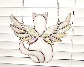 Stained glass cat with wings, window hanging decor, cat angel pet memorial