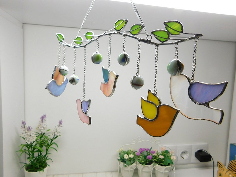 Stained Glass Birds Mobile Birds Spring Birds Colorful Etsy
