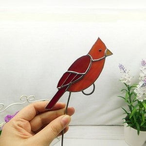Red cardinal bird stained glass, handmade Bird Suncatcher for flowerpot, Bird Lover Gift, Home decor, stained glass decor for the garden