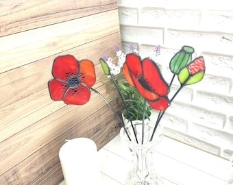 Glasmalerei-Mohnblumen, Blumenstrauß in Vase, Blumenset, kleine wilde Kunstblume
