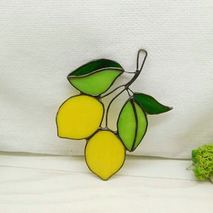 Stained glass lemon, handmade Yellow Lemons on Branch window hanging Suncatcher Fruit Art Glass Home Decor Panel Ornament Wall Hanging