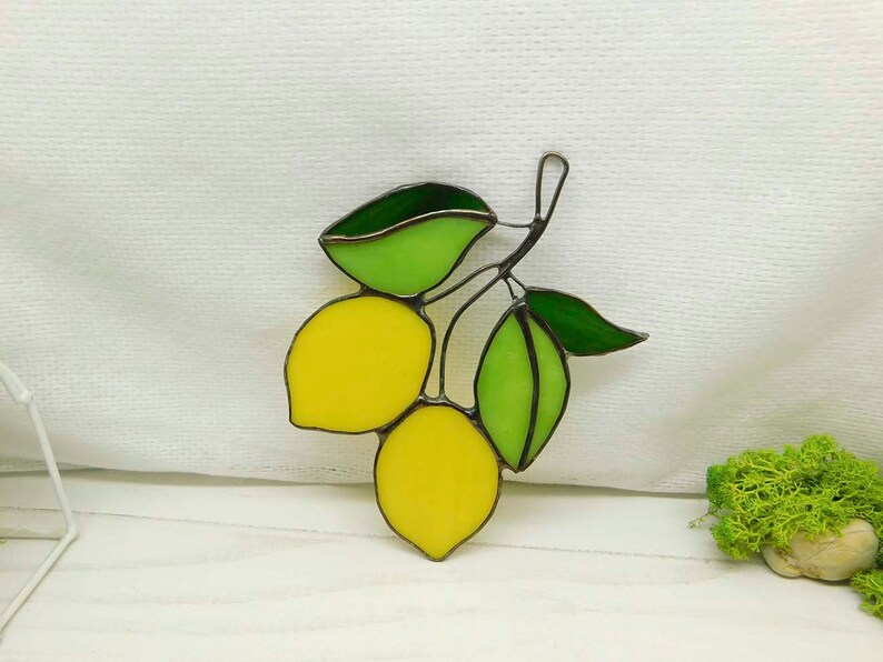 Stained glass lemon, handmade Yellow Lemons on Branch window hanging Suncatcher Fruit Art Glass Home Decor Panel Ornament Wall Hanging