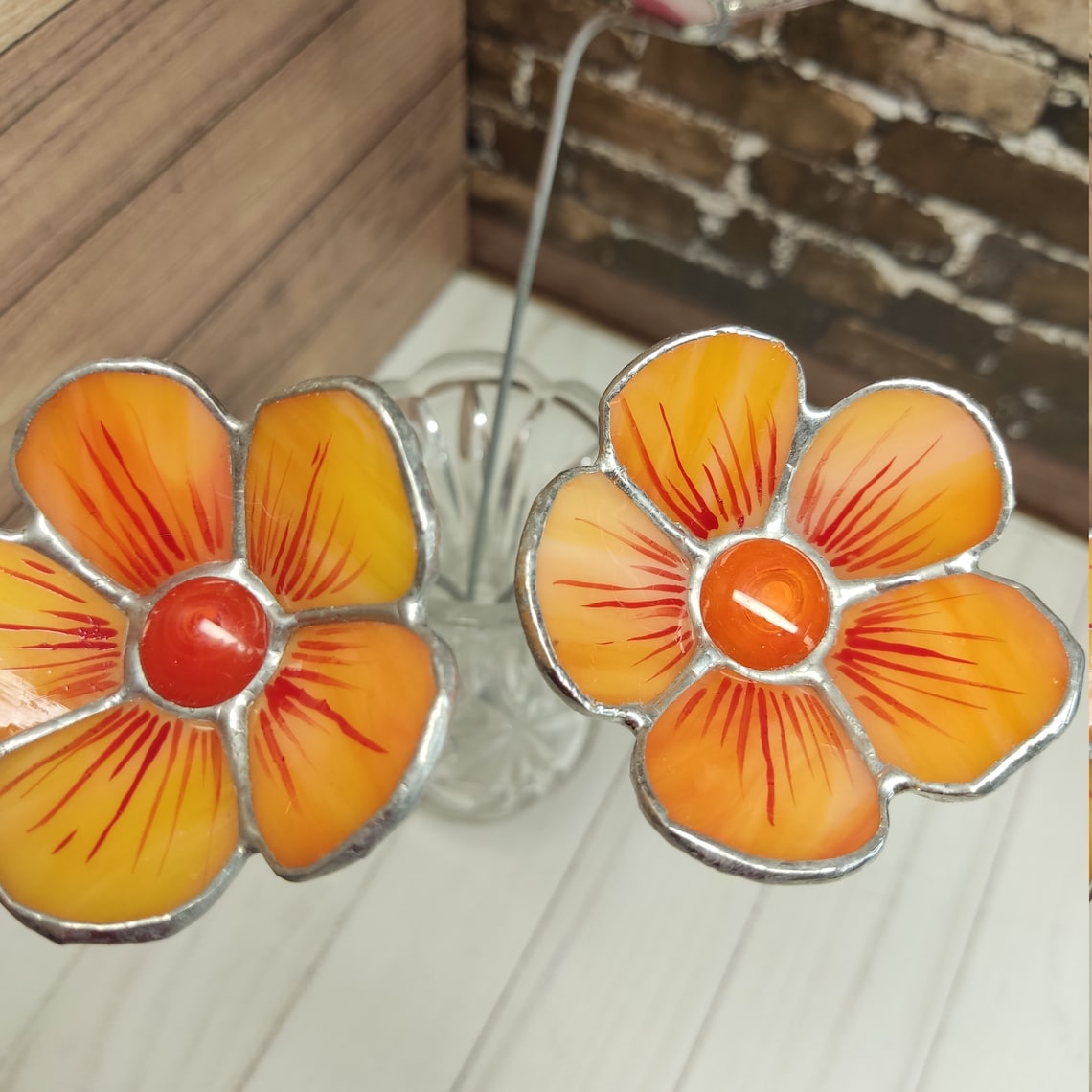 Stained Glass Flower on the Stem Orange Flower Garden Stake Etsy