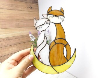 Stained Glass Cats on Moon, Cat Lover Gift, Moon Suncatcher Decor