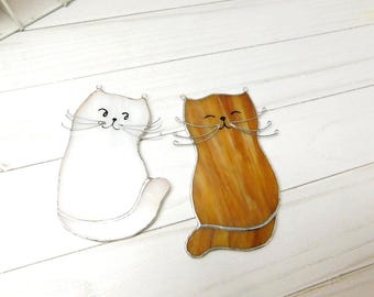 Stained glass two cats pair, window hanging suncatcher, Wall Hanging gift for her