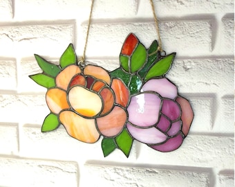 Stained glass peonies, pink flower suncatcher glass art, window hanging gift for grandma
