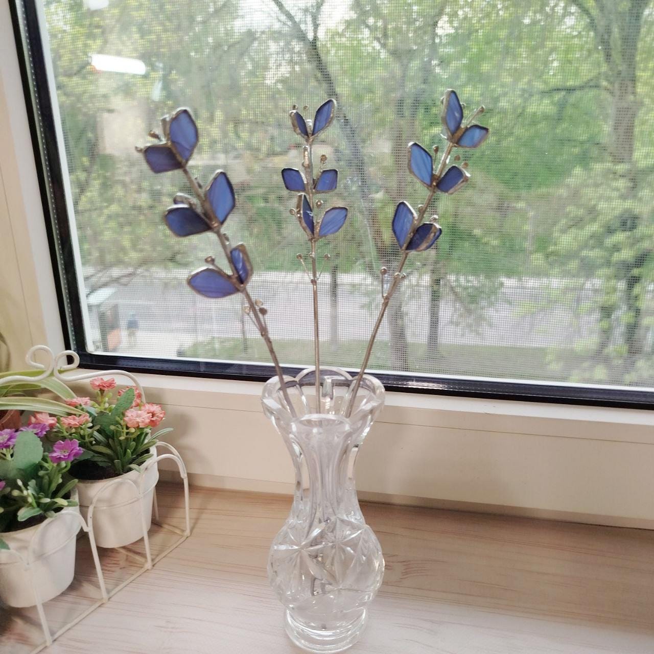 ステンドグラス風ラベンダーの手作りフラワー、ピンタイプの植物ギフト 