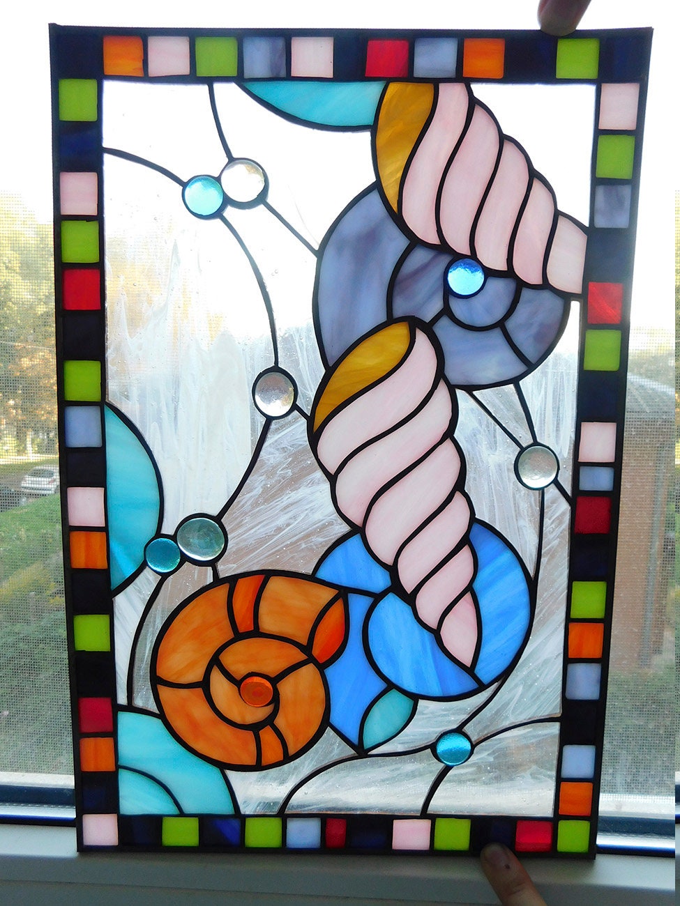 Iridescent Scallop Seashell Stained Glass & Beveled Window