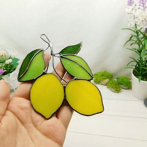 Stained glass lemon, handmade Yellow Lemons on Branch window hanging Suncatcher Fruit Art Glass Home Decor Panel Ornament Wall Hanging