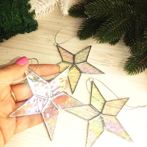 Snowflake iridescent stained glass ornament suncatcher Modern stained glass window hangings Christmas vacation decor