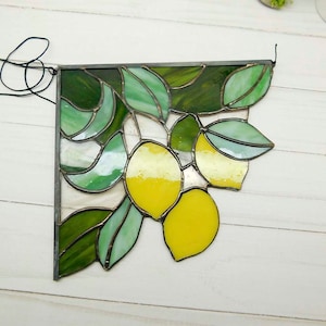 Stained glass Panel lemon, Yellow Lemons on Branch, panel window hanging Suncatcher, Fruit Art Glass, Home Decor Ornament, Wall Hanging
