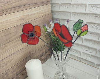 Bouquet In Vase, stained glass poppies, stained glass flower, Set of poppies, small glass flowers, wild flower bouquet, fake flower
