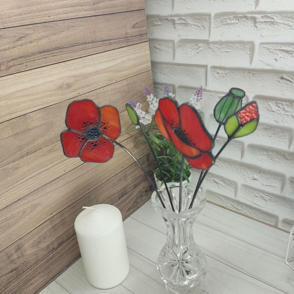 Bouquet In Vase, stained glass poppies, stained glass flower, Set of poppies, small glass flowers, wild flower bouquet, fake flower