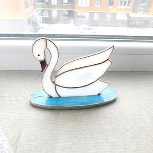 Stained glass swan Bird Suncatcher handmade window decor, stained glass panel swan art, Snowy White Swan Sun Catcher