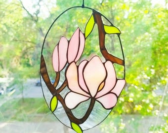 Stained glass magnolia, Pink flower suncatcher, Home decor  wedding  gift