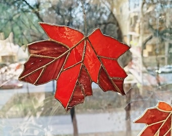 Stained Glass Maple Leaf Suncatcher, Red Window Hanging, Botanical Decor, Nature Lover Gift